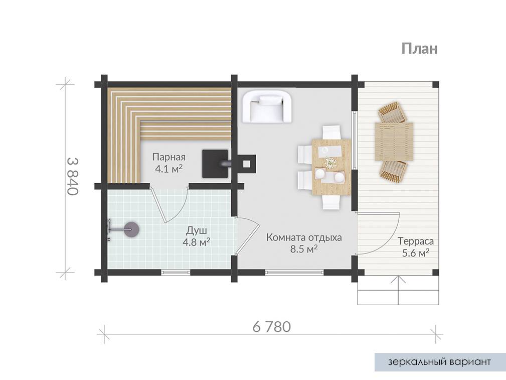 Проекты бань с комнатой отдыха и террасой одноэтажных