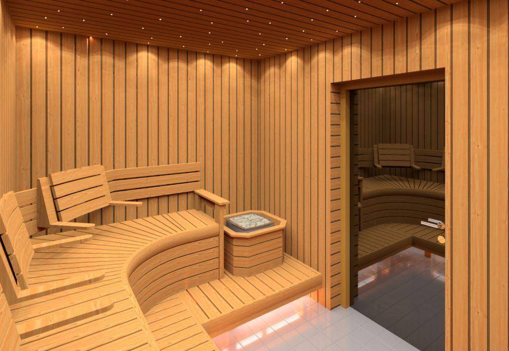 Планировка и интерьер современной комнаты отдыха в бане