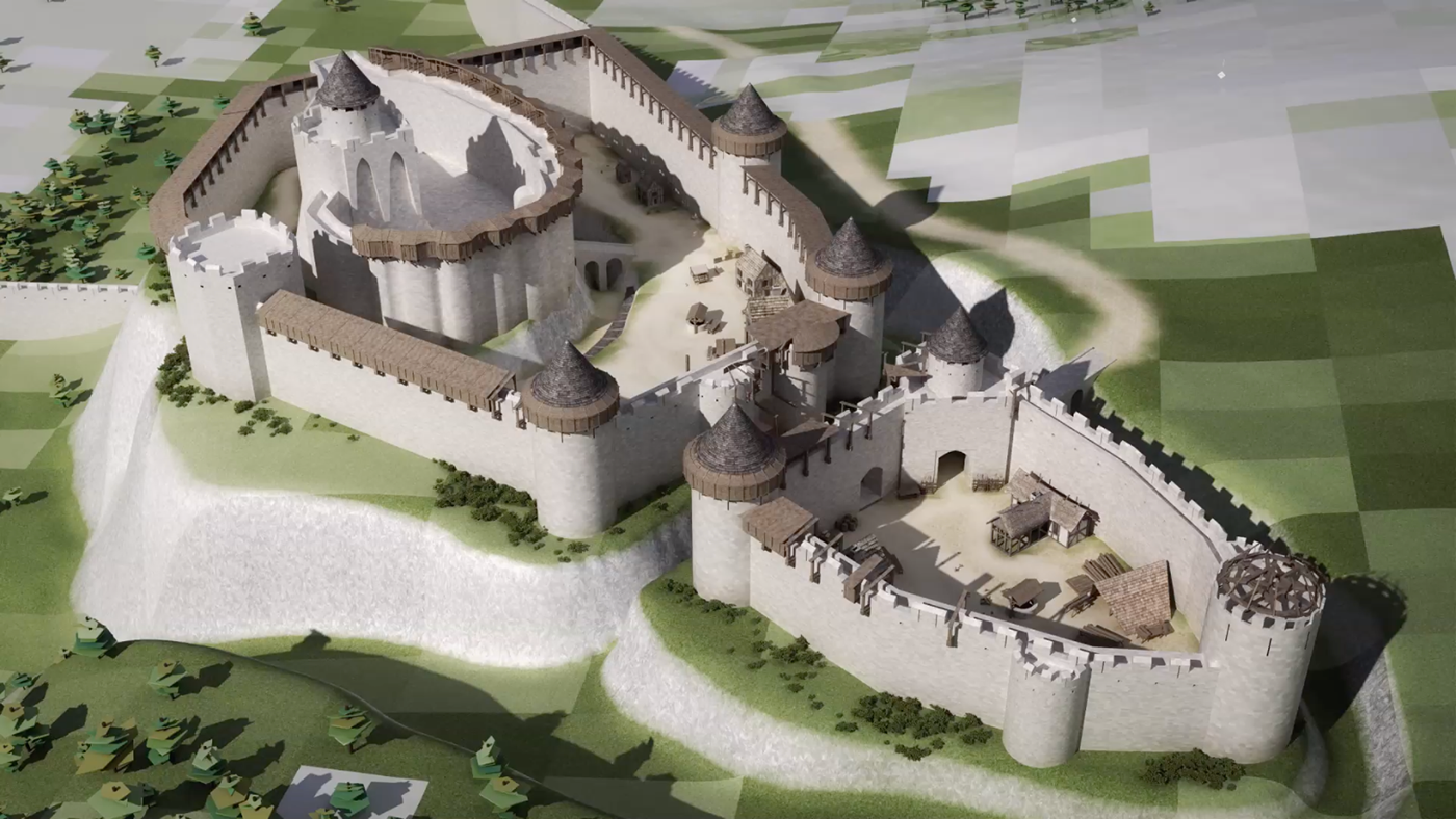 Реконструкция крепости. Шато Гайар замок реконструкция. Крепость Шато Гайар. Шато-Гайар замок во Франции. Шато де куси замок.