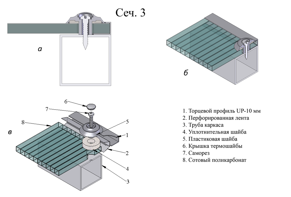 Схема крепления поликарбоната к металлическому каркасу