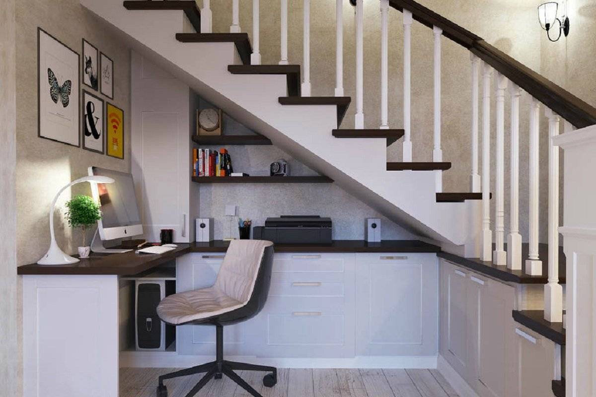 Интересные дизайнерские решения оформления пространства под лестницей
