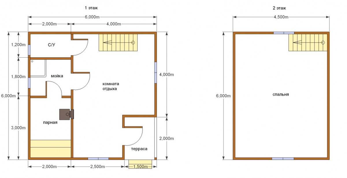 Проект бани 6на6 в два этажа