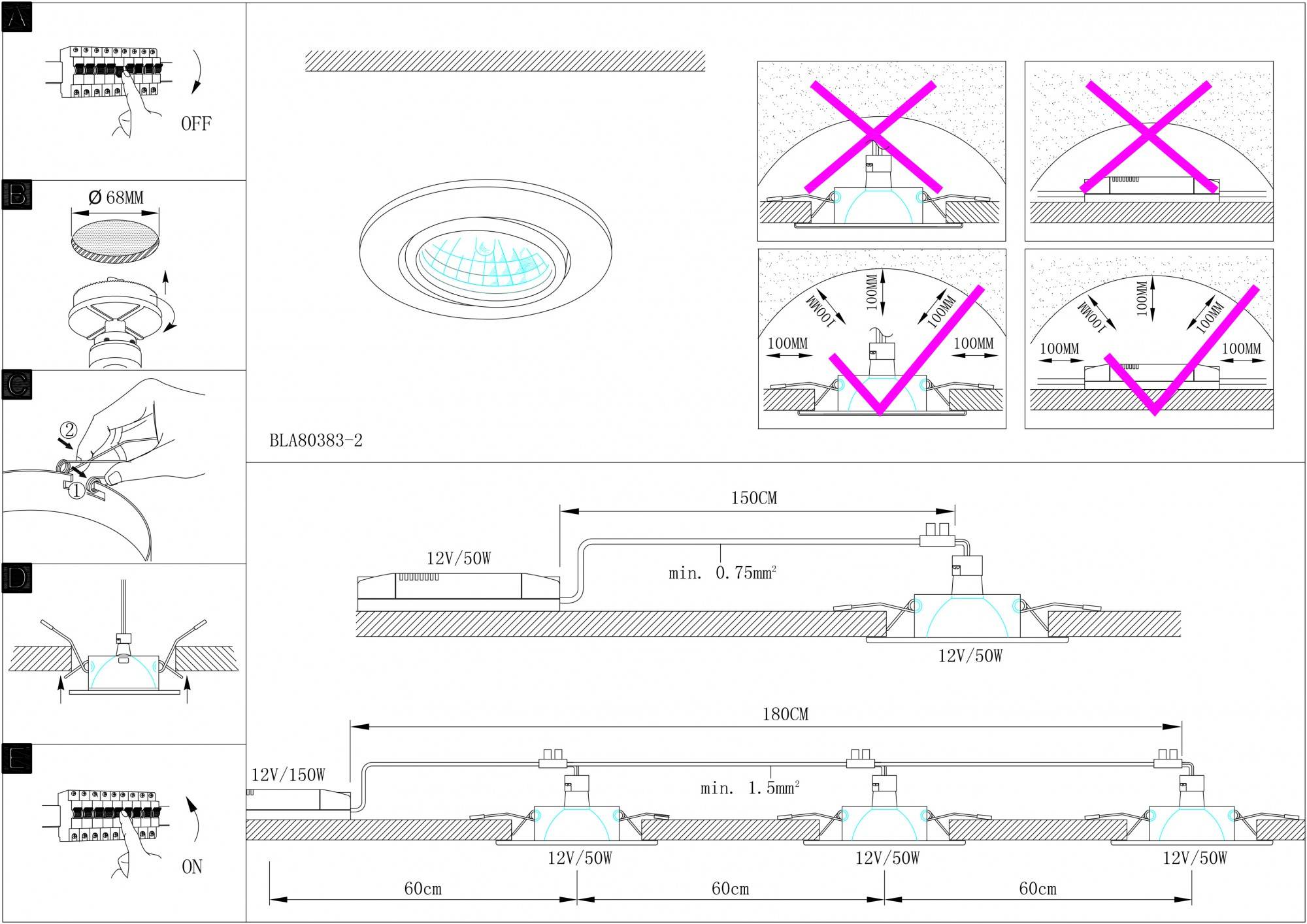 Схема монтажа точечных светильников в гипсокартон