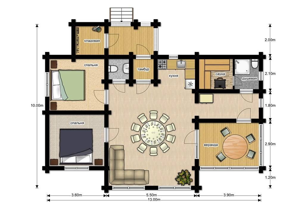 Удобная планировка двухэтажного дома с сауной