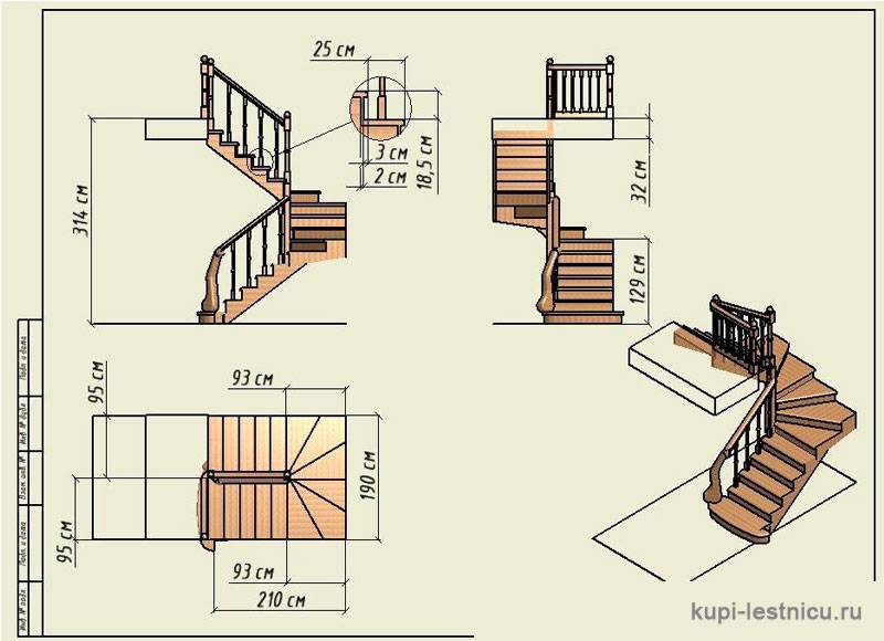 Чертеж лестницы с забежными ступенями