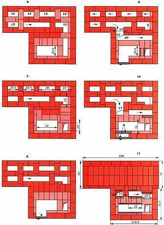 Схема кладки русской печи с лежанкой и плитой по рядам