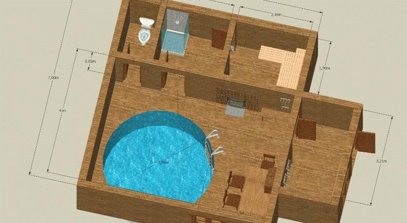 Баня с бассейном под одной крышей, проект банного комплекса, сауна с комнатой отдыха на улице, строительство пристроенной бани