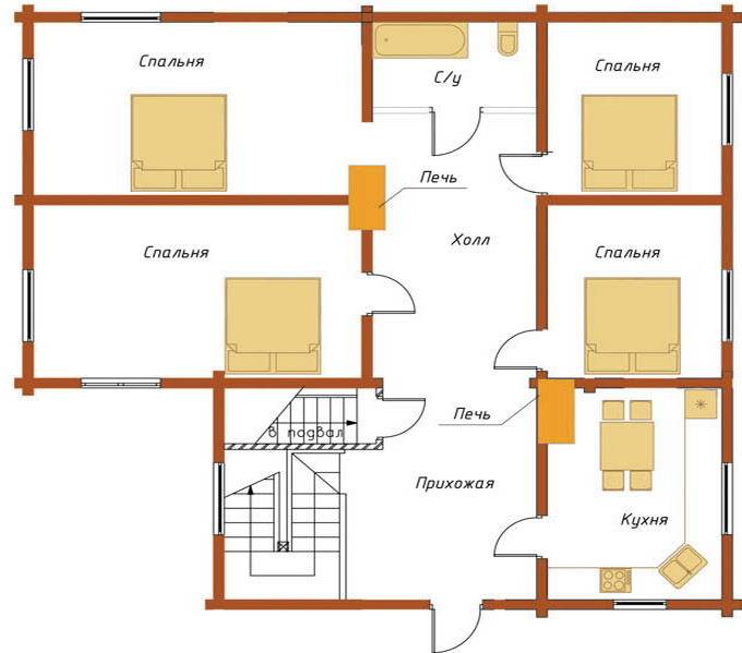 Проекты домов с печным отоплением (схемы и чертежи): планировка деревянного и кирпичного строения с фото