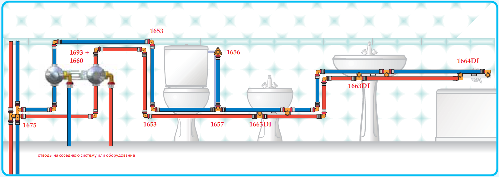 Схема труб водоснабжения в ванной и туалете с водонагревателем разводки